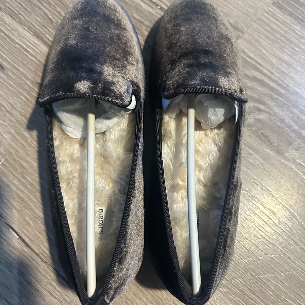 Birdies The Starling Charcoal Velvet Loafer Faux Fur Inside NWOT